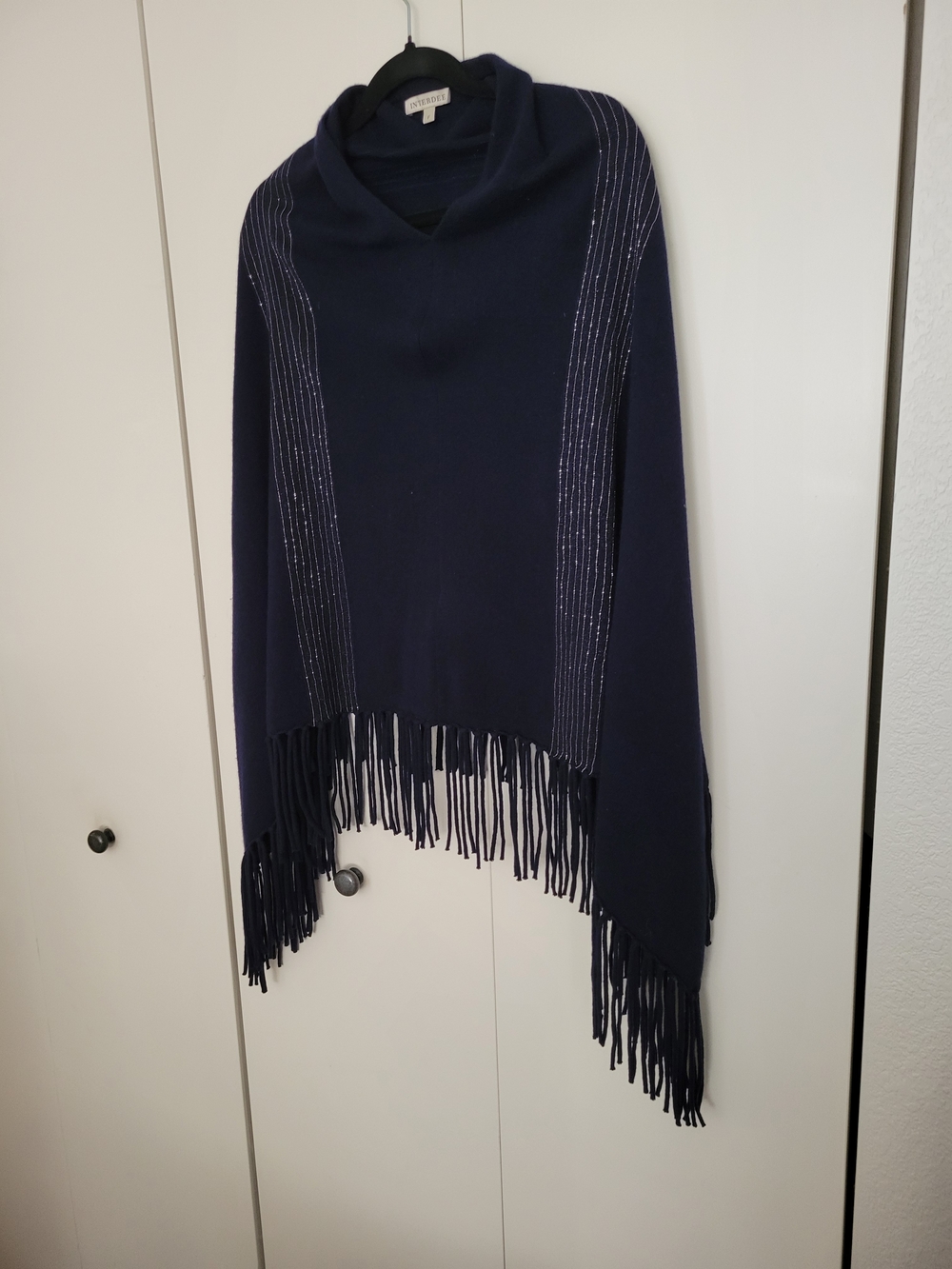 Interdee Navy Fringe Cashmere Sweater Poncho with Cowl Neck